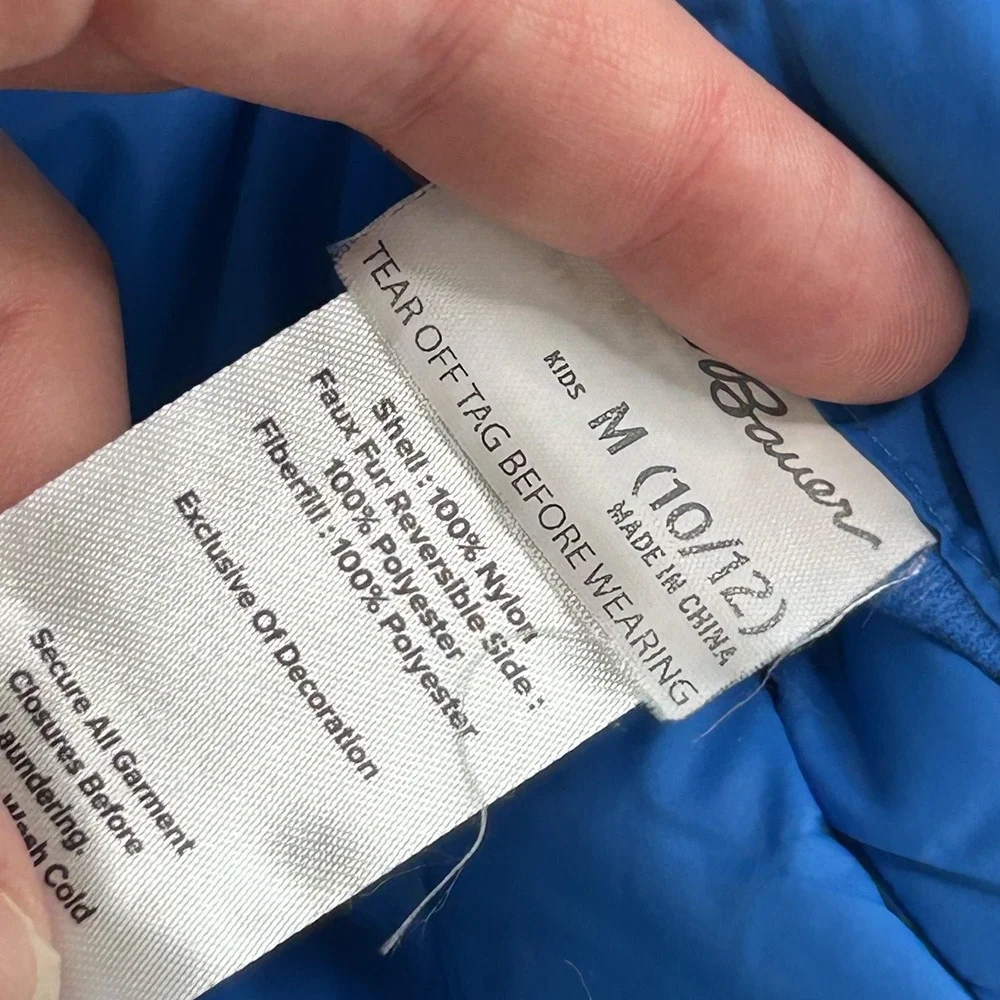 Eddie Bauer Jacket Kids Medium 10/12 Blue Hooded Puffer Reversible Sherpa Winter - Picture 9 of 14